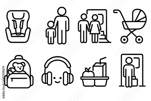 outline vector icons of air travel for families: child seat, parent with child, family boarding, stroller gate, toys in bag, kid headphones, snack kit, early boarding. set of line style icons in a