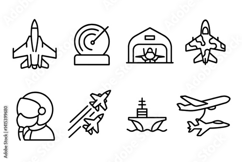 outline vector icons of military aviation: fighter jet, radar system, airbase icon, camouflage plane, pilot helmet, dogfight icon, aircraft carrier, refueling jet. set of line style icons in a modern