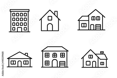outline vector icons of residential buildings: apartment block, detached house, townhouse, bungalow, villa, duplex, tiny house, cottage. set of line style icons in a modern, minimalist design.