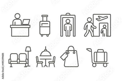 outline vector icons of airport experience: check-in icon, baggage icon, security scan, boarding gate, waiting lounge, food court, duty free icon, travel cart. ine style icons in a modern, minimalist
