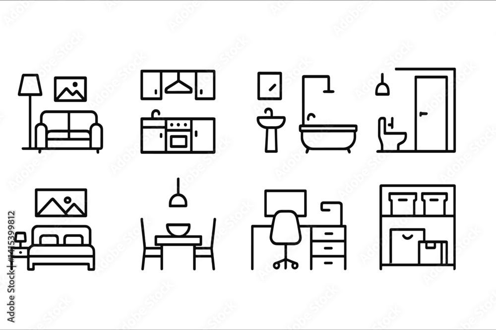 outline vector icons of interior building spaces: living room, kitchen layout, bathroom, hallway, bedroom, dining area, office room, storage room. set of line style icons in a modern, minimalist outline vector icons of interior building spaces: living room, kitchen layout, bathroom, hallway, bedroom, dining area, office room, storage room. set of line style icons in a modern, minimalist