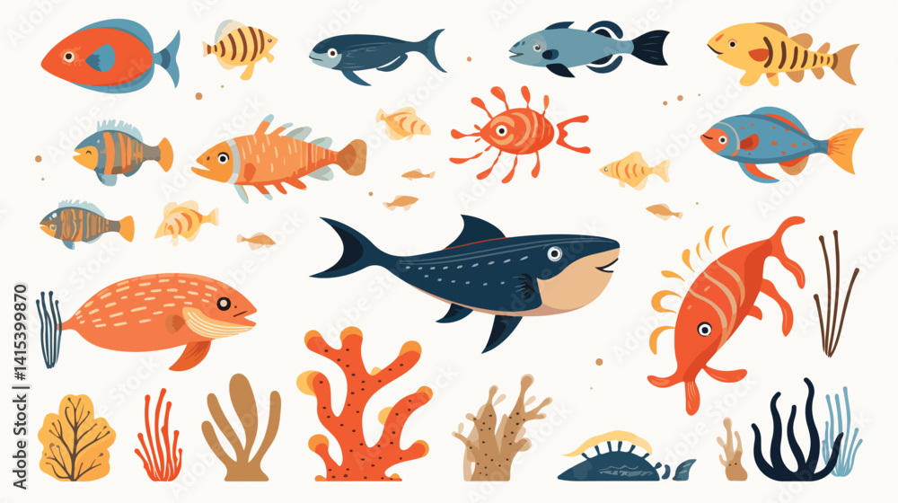 Naklejka premium Adorable Safari Animals in Jungle - Crab, Fish, Shrimp