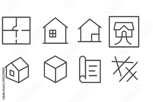 outline vector icons of architectural features: arched window, dome roof, balcony, column, gabled roof, spiral staircase, large doorway, glass facade. set of line style icons in a modern, minimalist