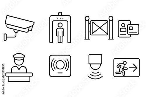 outline vector icons of security in buildings: CCTV camera, security checkpoint, gated entrance, access card icon, doorman station, alarm system, motion sensor, emergency exit sign. set of line style