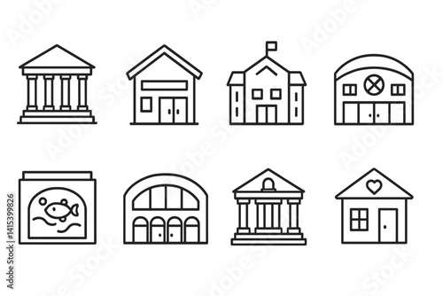 outline vector icons of public buildings: library, post office, community center, sports complex, aquarium, convention hall, museum, youth center. set of line style icons in a modern, minimalist