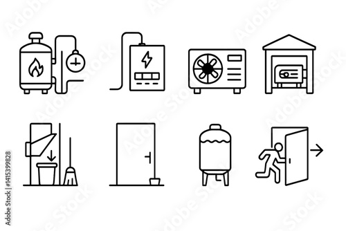 outline vector icons of building utility areas: boiler room, electrical room, HVAC unit, generator shed, garbage chute, maintenance closet, water tank, fire exit. set of line style icons in a modern,