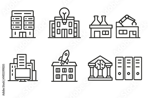 outline vector icons of tech buildings: data center, innovation hub, research lab, robotics facility, IT park, startup office, AI institute, server room. set of line style icons in a modern,