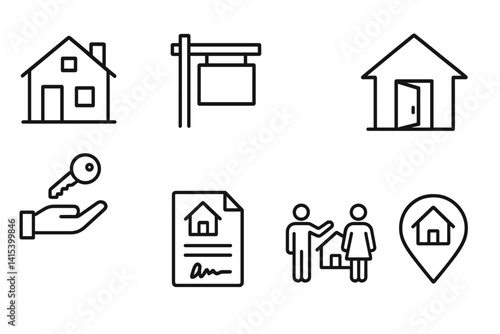 outline vector icons of real estate map: home pin, open house, for sale icon, sold tag, rent marker, apartment pin, property search, location rating., set of line style icons in a modern, minimalist