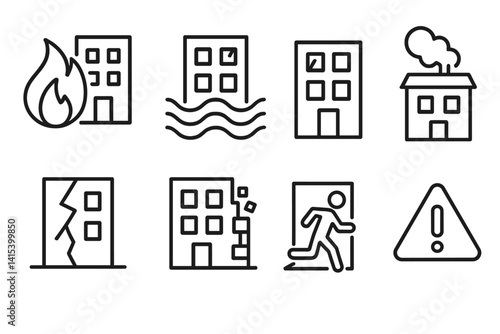 outline vector icons of building disasters: fire in building, flood damage, broken windows, smoke from roof, earthquake cracks, collapsed wall, evacuation icon, warning sign. set of line style icons