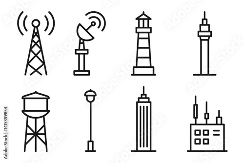 outline vector icons of vertical infrastructure: communication tower, radio antenna, lighthouse, observation tower, water tower, high mast, skyscraper, telecom hub. set of line style icons in a
