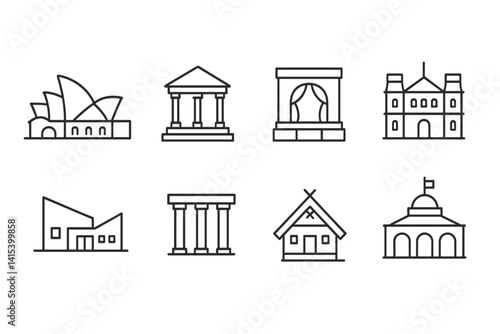 outline vector icons of cultural buildings: opera house, art museum, national theatre, city gallery, cultural center, heritage site, folk museum, performance venue. ine style icons in a modern,