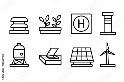 outline vector icons of building rooftops features: air vents, rooftop garden, helipad icon, chimney stack, water tank, maintenance hatch, solar grid, wind turbine. set of line style icons in a