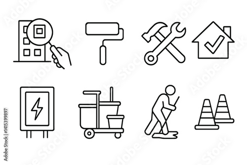 outline vector icons of building utility areas: boiler room, electrical room, HVAC unit, generator shed, garbage chute, maintenance closet, water tank, fire exit. set of line style icons in a modern,