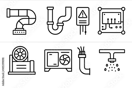 outline vector icons of building utility areas: boiler room, electrical room, HVAC unit, generator shed, garbage chute, maintenance closet, water tank, fire exit. set of line style icons in a modern,