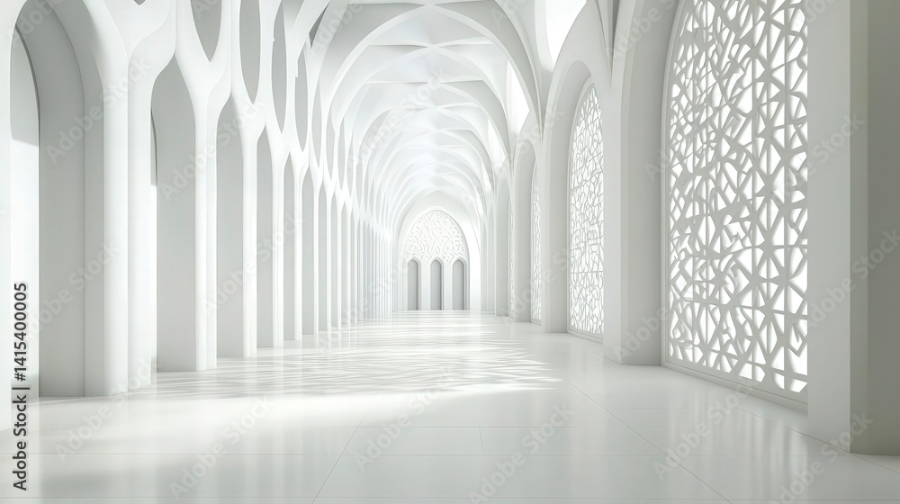 Fototapeta premium Serene White Corridor with Islamic Architectural Details.