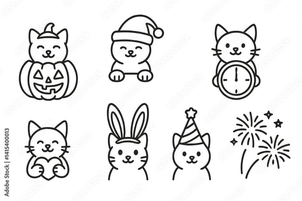 Cute festive cats icon set - linear style with holiday themes Cute festive cats icon set - linear style with holiday themes