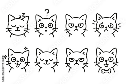 outline vector icons of cat emotions: curious cat, annoyed cat, scared cat, proud cat, playful mood, relaxed cat, focused stare, anxious pose. set of line style icons in a modern, minimalist design.