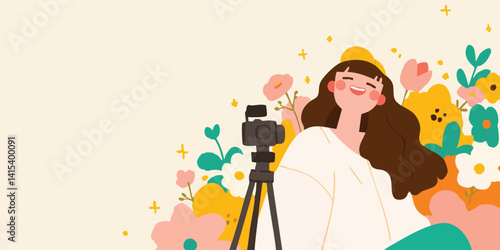 Happy woman vlogging among flowers