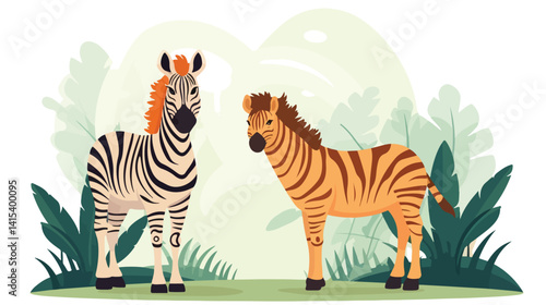 Adorable Wild Animals of Safari: Horse, Donkey, Zebra in Jungle Environment