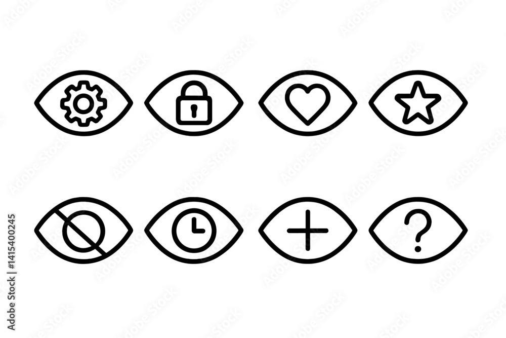Vision-themed linear icon set: essential eye graphic symbols