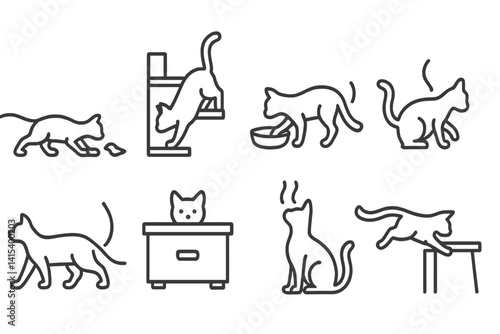 outline vector icons of cat instincts: stalking bird, climbing shelf, paw in bowl, tail swish, hiding in drawer, sniffing air, jumping on desk, hunting bug. set of line style icons in a modern,