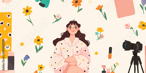 A cheerful woman surrounded by flowers, makeup, camera, and other blogger essentials. 