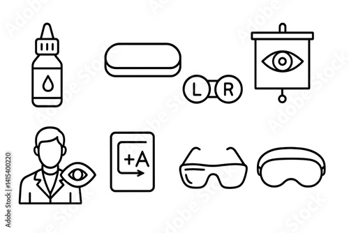 outline vector icons of eye care: eye drops, glasses case, contact case, eye test chart, doctor with eye, prescription lens, protective goggles, sleep mask. set of line style icons in a modern,