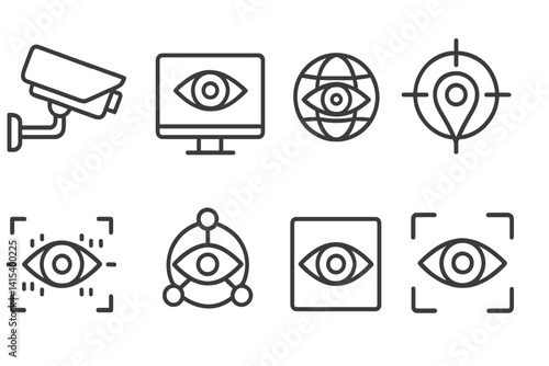 outline vector icons of parking lot equipment: bollard, ticket machine, stop bar, mirror post, cone marker, barrier arm, surveillance camera, speed bump. set of line style icons in a modern,