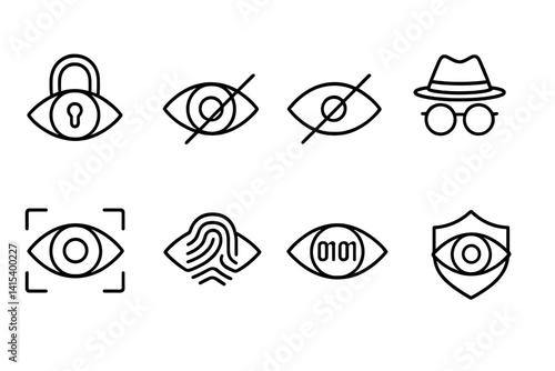 outline vector icons of security and privacy: locked eye, hidden eye, crossed eye, incognito eye, biometric scan, eye with fingerprint, data eye, shielded eye. set of line style icons in a modern,