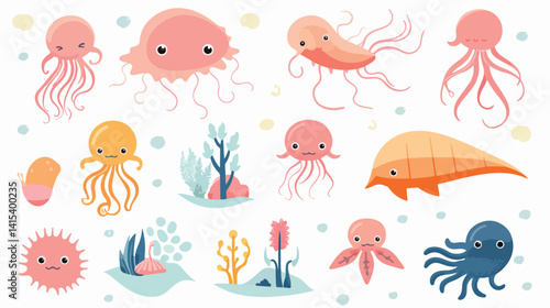 Vibrant Collection of Cute Wild Animals - Jellyfish, Swordfish, Octopus, Safari Adventure