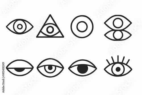 outline vector icons of minimalist cat designs: outline cat, abstract form, paw mark, whisker lines, simple tail curve, clean silhouette, single flat isometric style face, dot eyes. set of line style