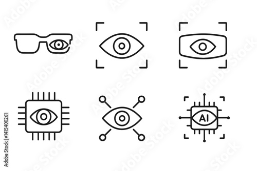 outline vector icons of eye and technology: smart glasses, AR eye, VR eye, digital scan, eye in chip, eye with data points, retina recognition, AI vision. set of line style icons in a modern,
