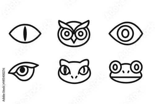 outline vector icons of animal eyes: cat eye, owl eye, reptile eye, fish eye, bird eye, lion eye, snake eye, frog eye. set of line style icons in a modern, minimalist design.