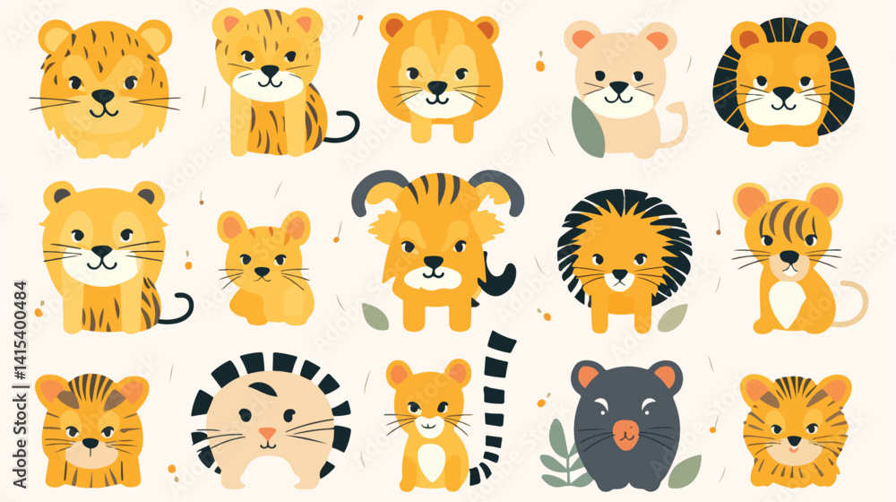 Cute Wild Animals - Lion, Tiger, Leopard in Safari Jungle Cute Wild Animals - Lion, Tiger, Leopard in Safari Jungle