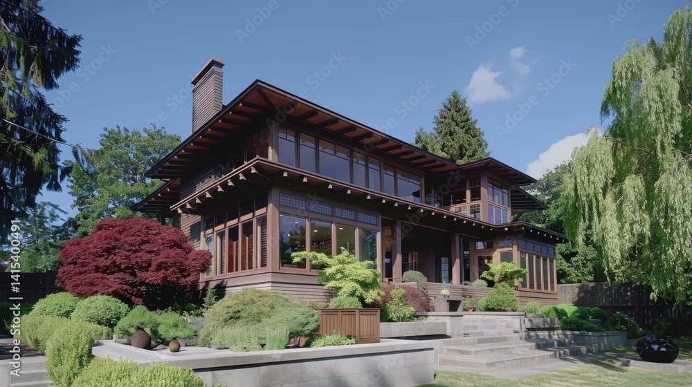 Beautiful modern wooden house surrounded by lush greenery and vibrant plants under a clear blue sky Beautiful modern wooden house surrounded by lush greenery and vibrant plants under a clear blue sky