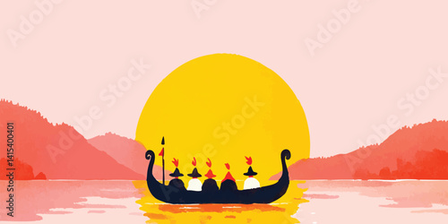 A stylized gondola gracefully glides across the tranquil waters of a scenic lagoon at sunset, a unique visual evoking travel and exploration.