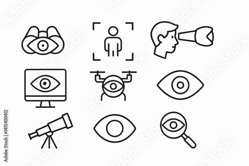 outline vector icons of augmented map features: AR marker, AR glasses, location overlay, digital path, interactive pin, real-world map, mixed-reality map, smart vision. set of line style icons in a