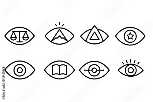outline vector icons of metaphorical eyes: justice eye, visionary icon, all-seeing symbol, honest eye, clear view, wisdom gaze, balanced sight, eye of perception. set of line style icons in a modern,