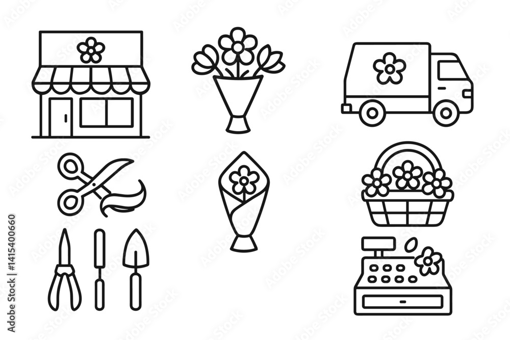 outline vector icons of flower shops: storefront with flower sign, bouquet logo, flower delivery truck, scissors and ribbon, flower wrap icon, basket with blooms, florist tools, cash register with