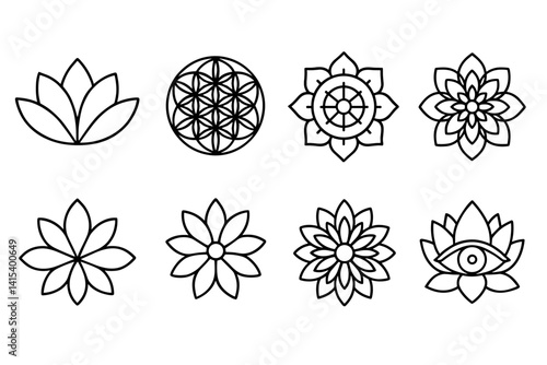 outline vector icons of spiritual floral themes: lotus flower, flower of life, flower with chakra, mandala bloom, sacred petal, meditation flower, mindful bloom, third eye with flower. set of line