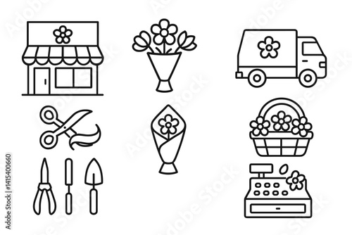 Obraz na płótnie outline vector icons of flower shops: storefront with flower sign, bouquet logo, flower delivery truck, scissors and ribbon, flower wrap icon, basket with blooms, florist tools, cash register with w salonie