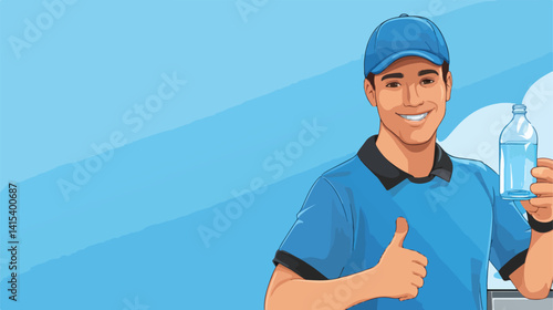 Professional Delivery Man Showing Thumbs Up with Water Bottle