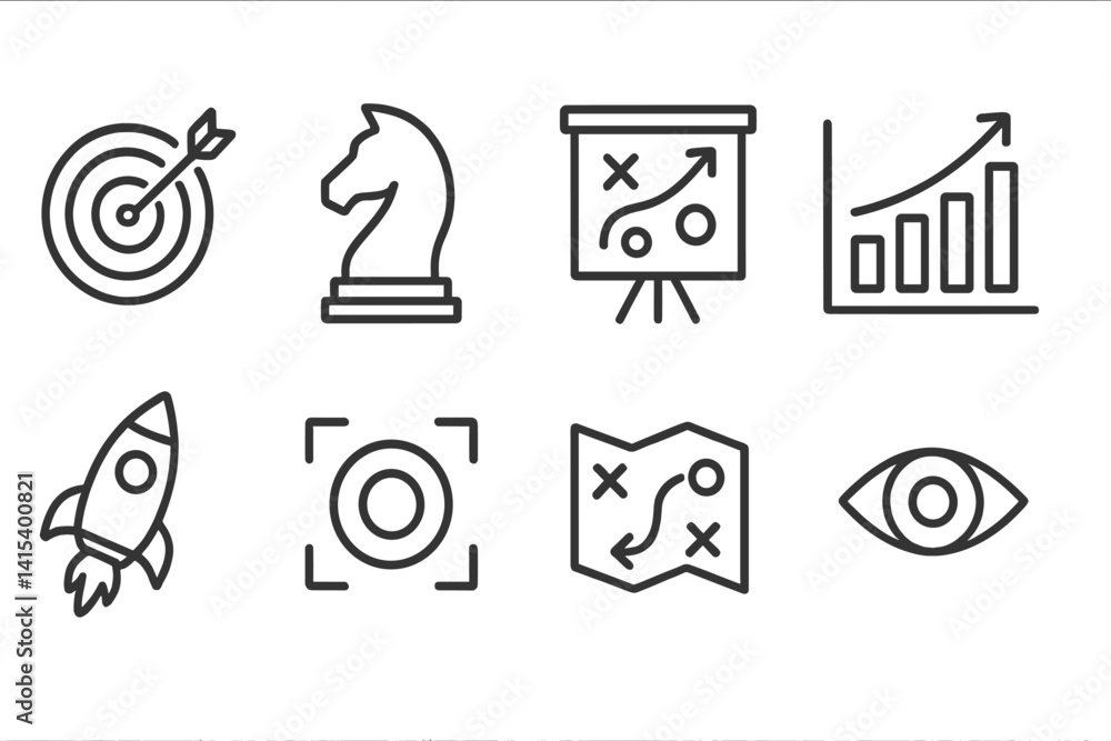 outline vector icons of business strategy: target icon, chess piece, planning board, analytics chart, mission icon, focus lens, strategic map, vision statement. set of line style icons in a modern,