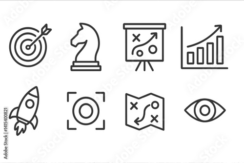 Obraz na płótnie outline vector icons of business strategy: target icon, chess piece, planning board, analytics chart, mission icon, focus lens, strategic map, vision statement. set of line style icons in a modern, w salonie