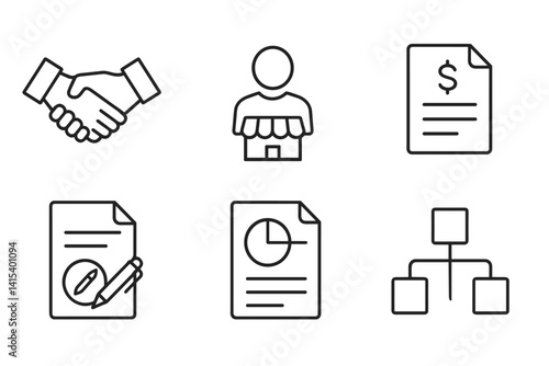 outline vector icons of B2B services: business handshake, corporate profile, vendor icon, invoice file, service agreement, proposal template, enterprise solution, supply chain. set of line style