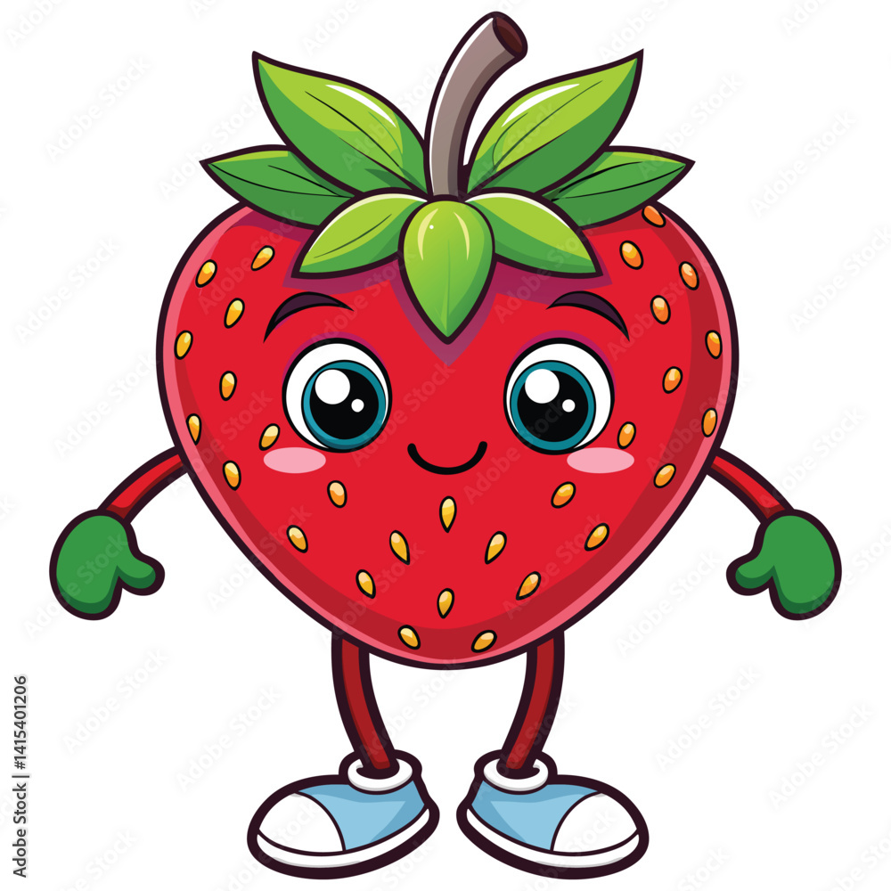 Obraz premium Cute cartoon strawberry flat design isolated on white background