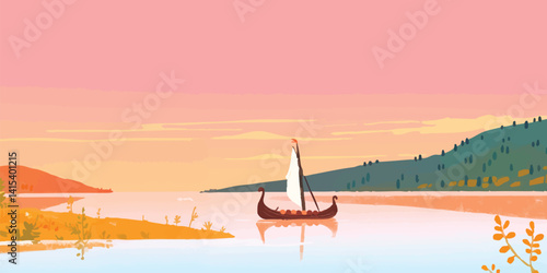A stylized illustration captures the essence of a Viking ship sailing on a serene lake, framed by a tranquil landscape painted in soft pastel hues.
