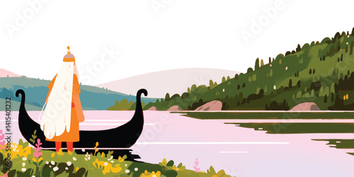 A solitary voyager stands by a viking longship, gazing out at the calm waters of the lake. This artistic image features a character with a long white beard and distinctive attire.