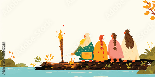 A group of figures, dressed in vibrant, culturally inspired attire, gather around a flickering torch, set against a backdrop evoking a sense of cultural celebration and community.