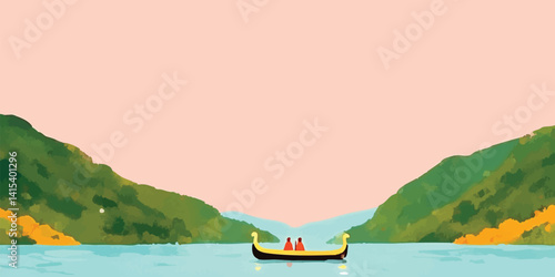 A picturesque boat sails serenely across a tranquil lake, with rolling hills in the background, against a soft, pastel sky. A sense of tranquility and journey captured in this digital illustration.